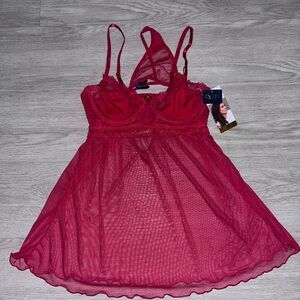 NWT! Rachel Roy Red Sheer Lace Chemise and Thong Set Medium